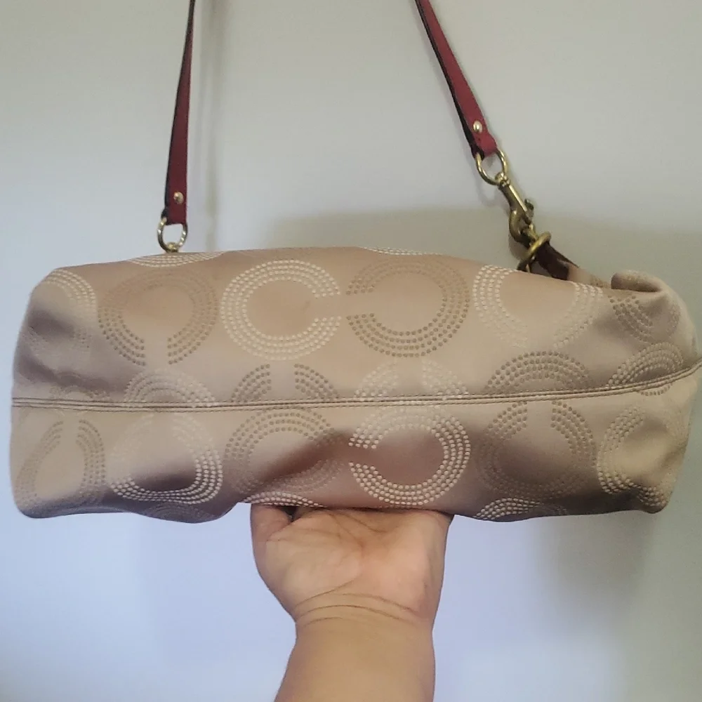 Coach Ashley Dotted Op Convertible Tan Red Bag Signature C Detail Sze 14.5 X 9.5